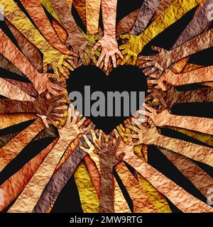 Culture noire ou culture africaine l'amour et la conscience du mois de l'histoire noire comme des mains diverses façonnées comme un coeur pour la diversité unie ou multi-culturelle Banque D'Images