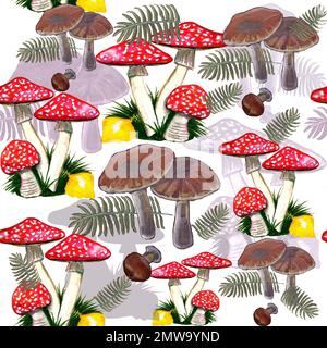 Aquarelle dessin sans couture à la main avec des champignons agariques, fougères et feuilles, éléments d'automne, isolés sur fond blanc Banque D'Images