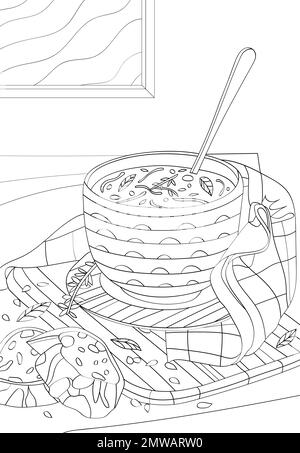 Un bol de soupe et deux tranches de pain. Livre de coloriage vectoriel anti stress. Illustration de Vecteur