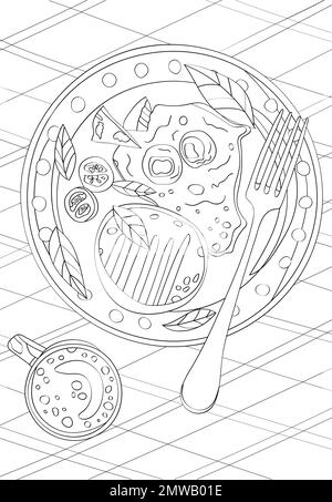 Une assiette de nourriture et une tasse. Livre de coloriage vectoriel antistress. Illustration de Vecteur