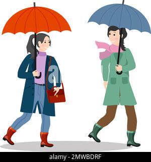 Deux filles marchent sous un parapluie. Rencontrer des amis dans la rue. Illustration de Vecteur