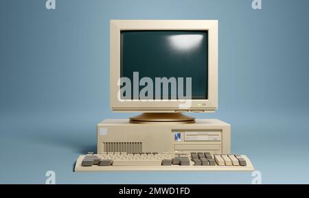 Ordinateur de bureau et écran et clavier de style rétro beige 1990s. 3D illustration. Banque D'Images
