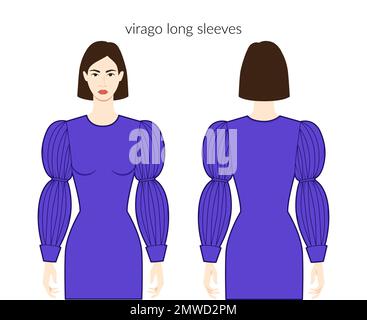 Manches Virago vêtements Marmaluke - robes bouffantes en belles femmes, hauts, chemises illustration technique de la mode avec corps ajusté. Modèle de vêtements plats à l'avant et à l'arrière. Femmes, hommes unisex CAD maquette Illustration de Vecteur