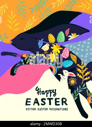 joyeux pâques coloré et lumineux lapin décoré avec des éléments floraux. Illustration Vecotr. Illustration de Vecteur