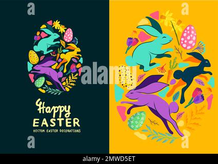 Textures et agencements lumineux et colorés Happy easter Egg Hunt avec lapins. Illustration vectorielle. Illustration de Vecteur