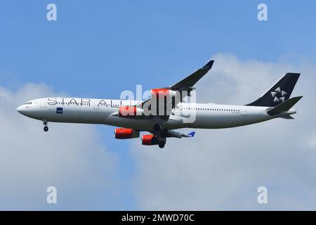 Préfecture de Chiba, Japon - 18 mai 2019 : avion de transport de passagers de la compagnie aérienne scandinave (SAS) Star Alliance A340-300 (OY-KBM). Banque D'Images