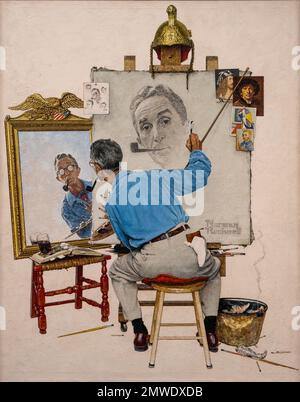 Peinture appelée Triple Self-Portrait fait en 1960 par Norman Rockwell peinture lui-même dans son studio d'artiste Banque D'Images