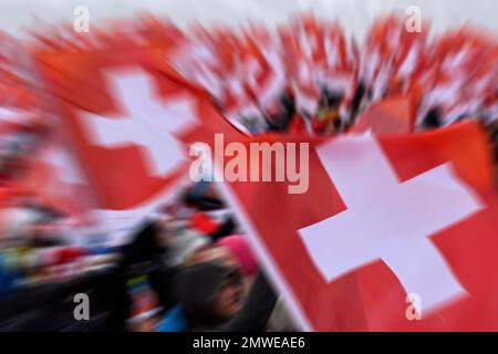 Mop-up photo des fans suisses avec des drapeaux Banque D'Images