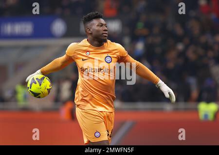 Milan, Italie. 31st janvier 2023. Italie, Milan, janvier 31 2023: Andre? Onana (fc Inter gardien de but) célèbre la victoire à la fin du jeu de football FC INTER vs ATALANTA, QF Coppa Italia 2022-2023 San Siro Stadium (photo de Fabrizio Andrea Bertani/Pacific Press) Credit: Pacific Press Media production Corp./Alay Live News Banque D'Images