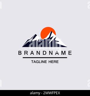 Mountain Hill Peak et Sun nature Paysage aventure Voyager extérieur logo Design Vector Illustration de Vecteur