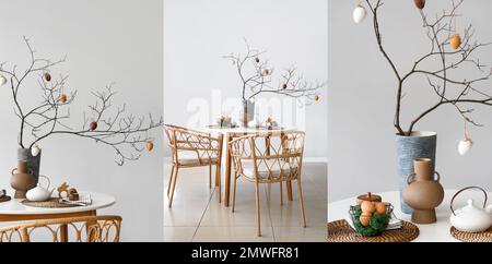 Collage de branches d'arbre avec œufs de Pâques sur la table à manger dans la chambre Banque D'Images