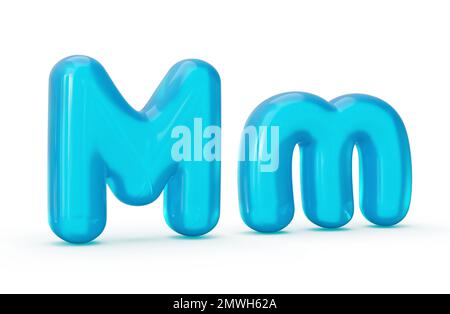 Une lettre en gelée bleu turquoise mm isolée sur fond blanc, illustration 3D Banque D'Images