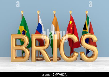 Placez les drapeaux des BRICS dans la pièce. 3D illustration Banque D'Images