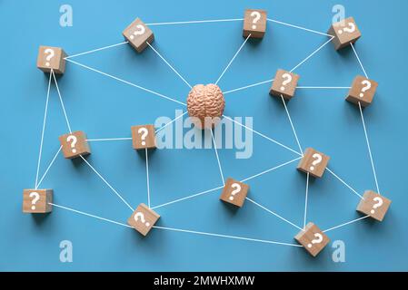 Concept de problèmes, de solutions, de doutes, d'esprit et d'activité mentale.modèle de cerveau parmi un symbole de point d'interrogation. Banque D'Images