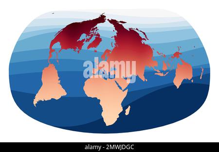 Vecteur de carte du monde. Projection de Jacques Bertin en 1953. Monde en dégradé orange rouge sur les vagues bleu profond de l'océan. Illustration vectorielle charmante. Illustration de Vecteur