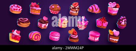 Ensemble de dessins animés de desserts sucrés isolés sur fond. Illustration vectorielle de gâteaux appétissants, cupcakes, muffins, beignets, croissants décorés de chocolat, fruits, baies. Menu fête d'anniversaire Illustration de Vecteur