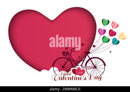 Carte de voeux pour la Saint-Valentin avec ballons en forme de coeur attachés sur un vélo rouge. Gros coeurs isolés sur fond blanc. Illustration vectorielle Illustration de Vecteur