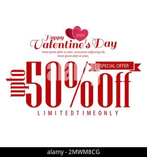Promotion de la Saint-Valentin bannière publicitaire d'offre spéciale pour les achats de vacances. Jusqu'à 50 % de réduction. Illustration vectorielle. Illustration de Vecteur