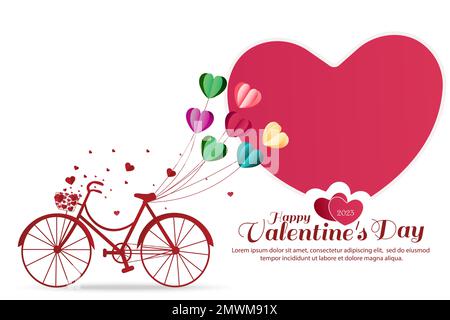 Carte de voeux pour la Saint-Valentin avec ballons en forme de coeur attachés sur un vélo rouge. Gros coeurs isolés sur fond blanc. Illustration vectorielle Illustration de Vecteur