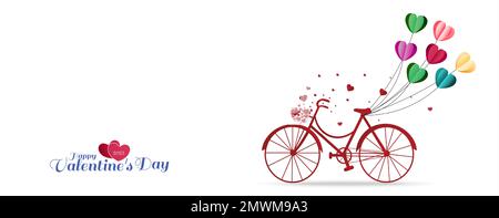 Carte de voeux pour la Saint-Valentin avec ballons en forme de coeur attachés sur un vélo rouge. Illustration de Vecteur