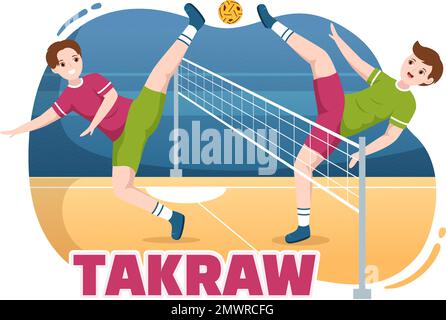 Sepak TakRAW Illustration avec un athlète jouant au Kick ball sur le terrain en compétition de jeu de sport à plat dessin main pour le modèle de page d'arrivée Illustration de Vecteur