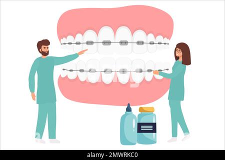 L'orthodontiste installe des appareils dentaires pour le redressement. Petit dentiste médecin recherche X-ray image de dent. Dentisterie, installation de bretelles, alg de dents Illustration de Vecteur