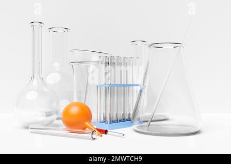 3d illustration d'un jeu d'instruments de laboratoire. Recherche en laboratoire chimique sur fond blanc Banque D'Images