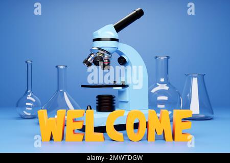 3d illustration d'un jeu d'instruments de laboratoire, microscope et inscription Bienvenue. Recherche en laboratoire chimique sur fond bleu Banque D'Images