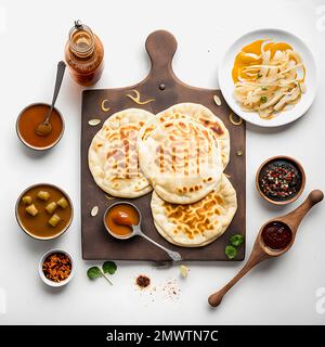 Pupuses sur la photographie alimentaire de fond blanc. Des images de haute qualité capturent les saveurs et les textures traditionnelles de ce célèbre repas de rue dans un cadre moderne Banque D'Images