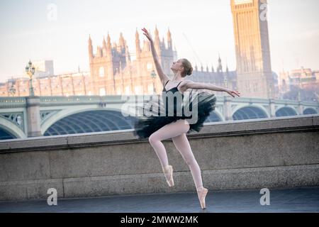 Londres, Royaume-Uni. 2nd février 2023. Journée mondiale des Tutu : la danseuse Aoife Doherty se produit à Westminster à l'occasion de la Journée mondiale des Tutu (également appelée Journée internationale des Tutu). Originaire d'Australie, la Journée Tutu est célébrée à 2 février (2,2) par des danseurs du monde entier pour soutenir l'éducation au ballet et la façon dont le ballet a inspiré la robe tutu classique, devenue une œuvre de mode emblématique. Credit: Guy Corbishley/Alamy Live News Banque D'Images