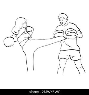jeune femme effectuant un entraînement de kickboxing avec son entraîneur illustration vecteur dessiné à la main isolé sur fond blanc art de ligne Illustration de Vecteur