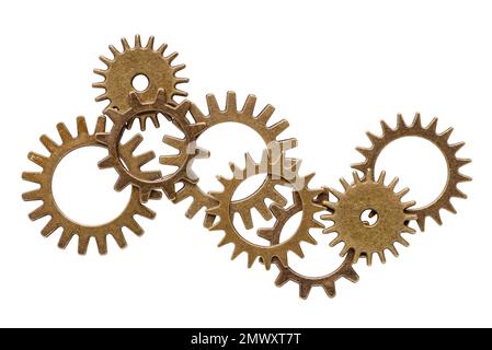 Groupe de roues dentées en bronze assorties, différentes tailles et formes, ensemble abstrait, isolé sur fond blanc Banque D'Images