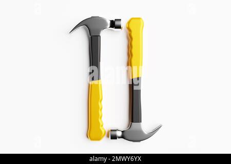 3D illustration d'un marteau en métal avec un outil à main à poignée jaune isolé sur un fond blanc. 3D rendu et illustration de la réparation et de l'installation Banque D'Images