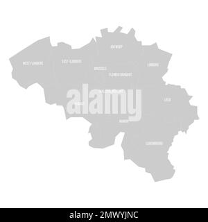 Belgique carte politique des divisions administratives - provinces. Carte en gris clair avec bordures et étiquettes blanches. Illustration de Vecteur
