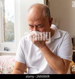 Un homme âgé éternuant dans des tissus en papier et soufflant son nez souffrant des symptômes du rhume et de la grippe d'hiver. Banque D'Images