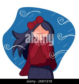 Dessin fait main d'une fille aux cheveux longs et à l'arc rouge réchauffant ses mains du froid intense. Illustration vectorielle à utiliser sur les cartes et inclure des textes Illustration de Vecteur