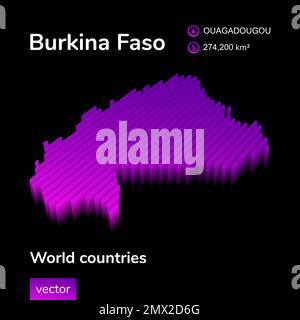 Burkina Faso 3D carte. Vecteur stylisé à rayures fluo carte en violet et violet sur fond noir Illustration de Vecteur