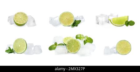 Ensemble de glaçons, menthe et limes sur fond blanc Banque D'Images