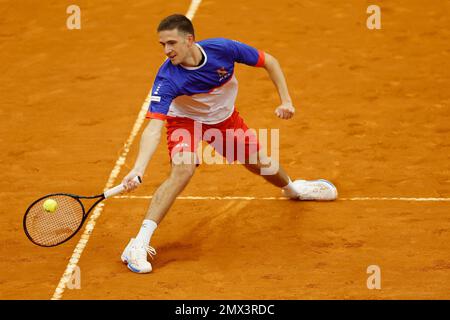 Le joueur de tennis vit Kopriva de l'équipe tchèque en action pendant la session d'entraînement avant la qualification du tournoi de tennis de la coupe Davis contre le Portugal Banque D'Images