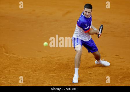 Le joueur de tennis vit Kopriva de l'équipe tchèque en action pendant la session d'entraînement avant la qualification du tournoi de tennis de la coupe Davis contre le Portugal Banque D'Images