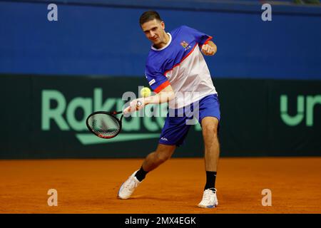 Le joueur de tennis vit Kopriva de l'équipe tchèque en action pendant la session d'entraînement avant la qualification du tournoi de tennis de la coupe Davis contre le Portugal Banque D'Images