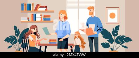 les parents aident les enfants avec des leçons famille heureuse faisant le devoir d'enseignement à la maison concept d'éducation Illustration de Vecteur