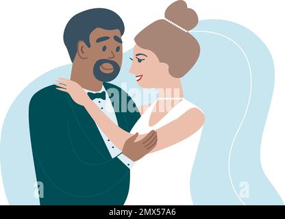 Bonne nouvelle. Le marié qui porte la mariée la tient dans ses bras. Couple multiracial. Illustration vectorielle plate dans des couleurs vives Illustration de Vecteur