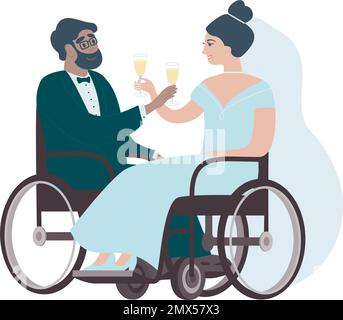 mariage d'un jeune couple en fauteuil roulant. Bonne mariée et marié buvant du champagne. Illustration du vecteur plat. Illustration de Vecteur