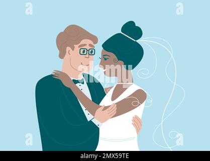 Bonne nouvelle. Le marié qui porte la mariée la tient dans ses bras. Couple multiracial. Illustration vectorielle plate Illustration de Vecteur