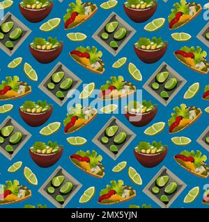 Joli motif sans couture avec cuisine mexicaine dans un style de dessin animé. Illustration de Vecteur