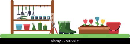 Rangement des outils de jardinage. Icônes de l'équipement agricole en couleur Illustration de Vecteur