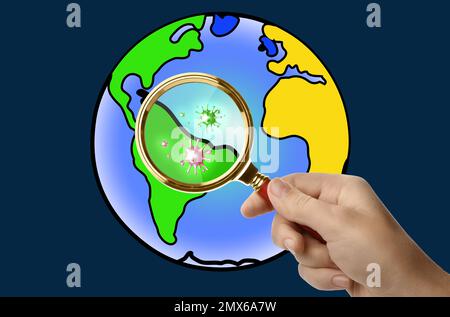 Femme avec loupe et illustration de la Terre, gros plan. Épidémie de coronavirus Banque D'Images