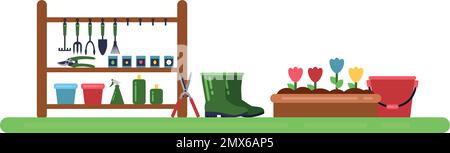 Rangement des outils de jardinage. Icônes de l'équipement agricole en couleur Illustration de Vecteur