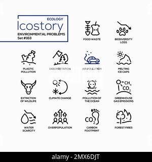 Problèmes environnementaux et écologie - jeu d'icônes de style de conception de ligne Illustration de Vecteur